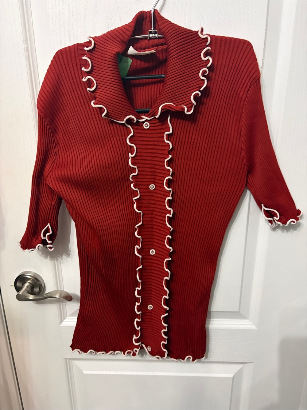 Women's Red Ribbed Button-Front Tunic with Contrast Ruffle Trim
